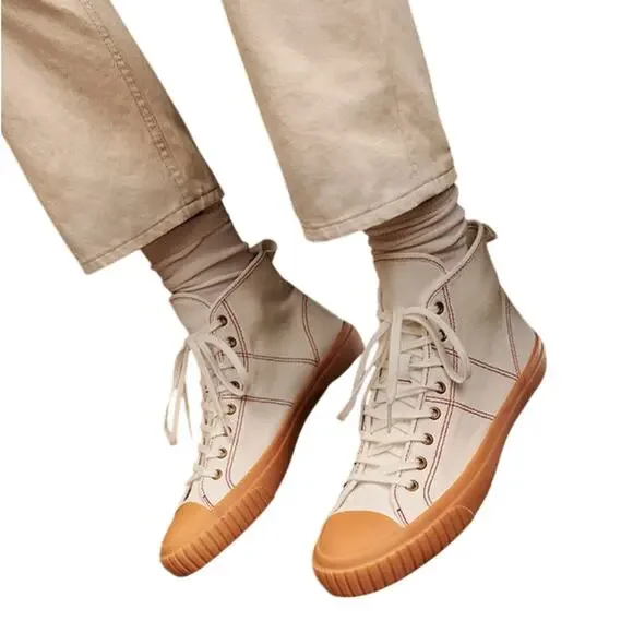 J.Crew Canvas High-Top Sneakers Ivory Gum Sole Red Stitching Sz 6 - Picture 3 of 10